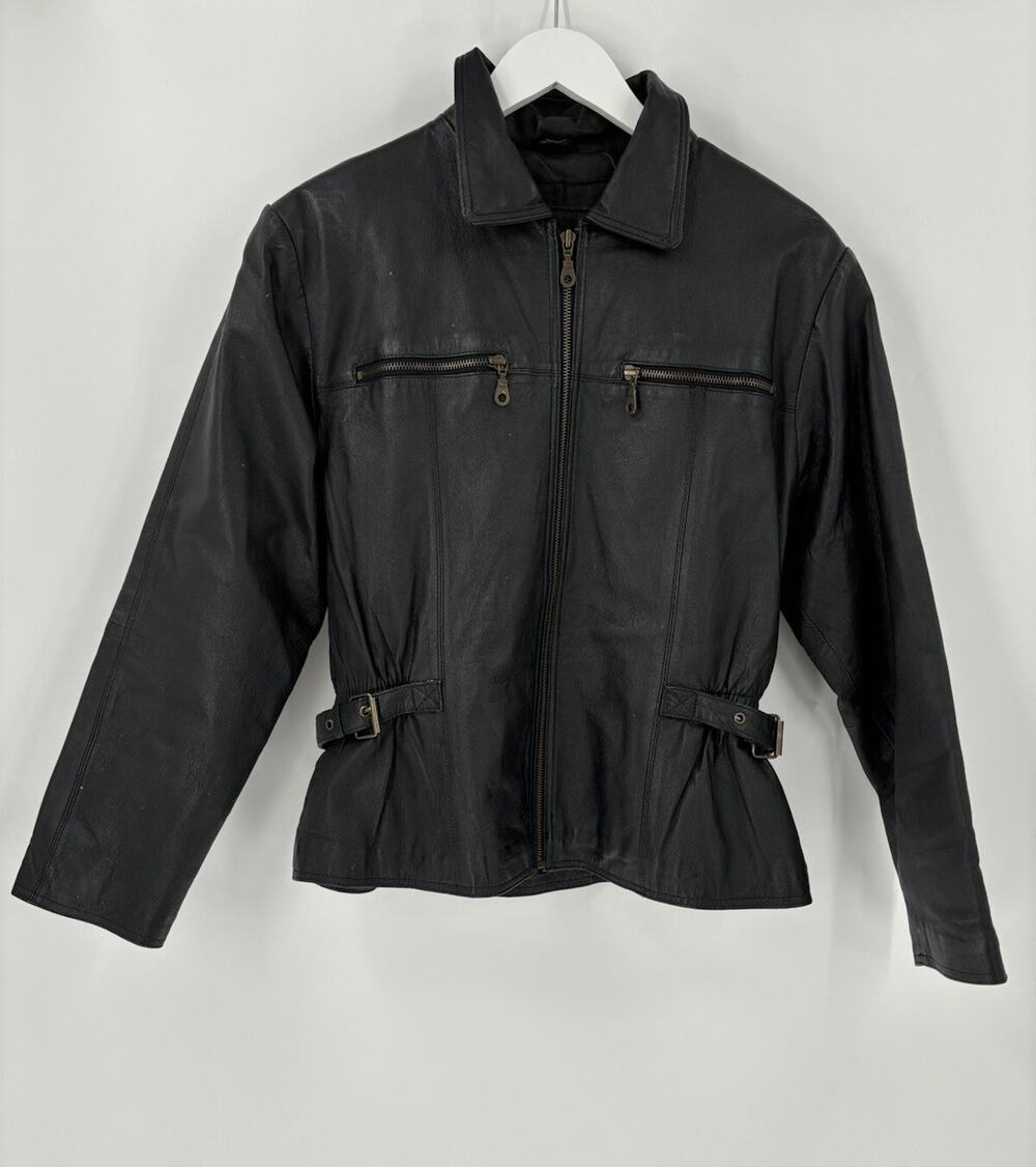 Vintage City Skins Black Leather Jacket Womens M 90s Moto Biker Buckle Waist